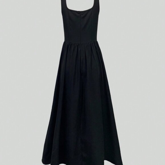 Black Elegant Women's Sleeveless V-Neck Ruffled Waist Fitted Midi Dress - Picture 2 of 4